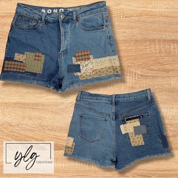 SONG Cut Off Jean Shorts Boho Denim Button Fly Distressed Plaid Patchwork 7 - Picture 1 of 12